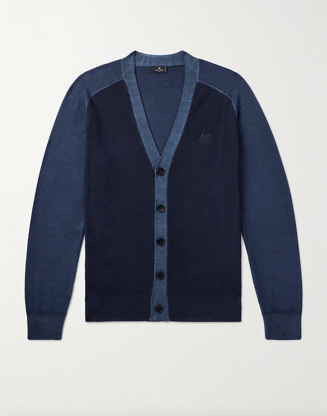 Blue two-tone cardigan _ Etro from Mr Porter; Blue ribbed T-shirt _ Loro Piana; Blue linen pants _ Berluti; Pink suede slip-on sneakers _ Manolo Blahnik