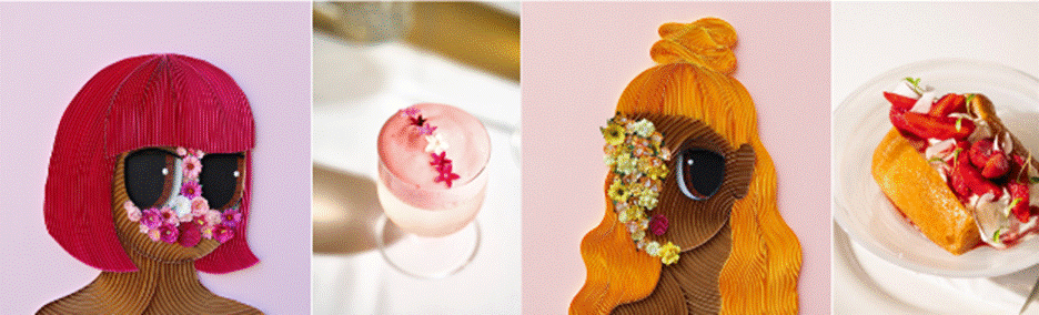 L to R: Ajah in Disguise IV artwork, Jardin de Fleurs cocktail, Ajah in Disguise IX artwork, Rum Baba, Strawberry and Coconut Cream dessert.