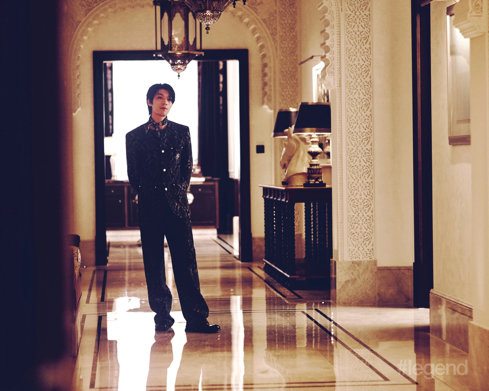 Printed collarless denim jacket and trousers, black leather shoes and silk bandana _ Louis Vuitton; THE MANSION, MGM COTAI