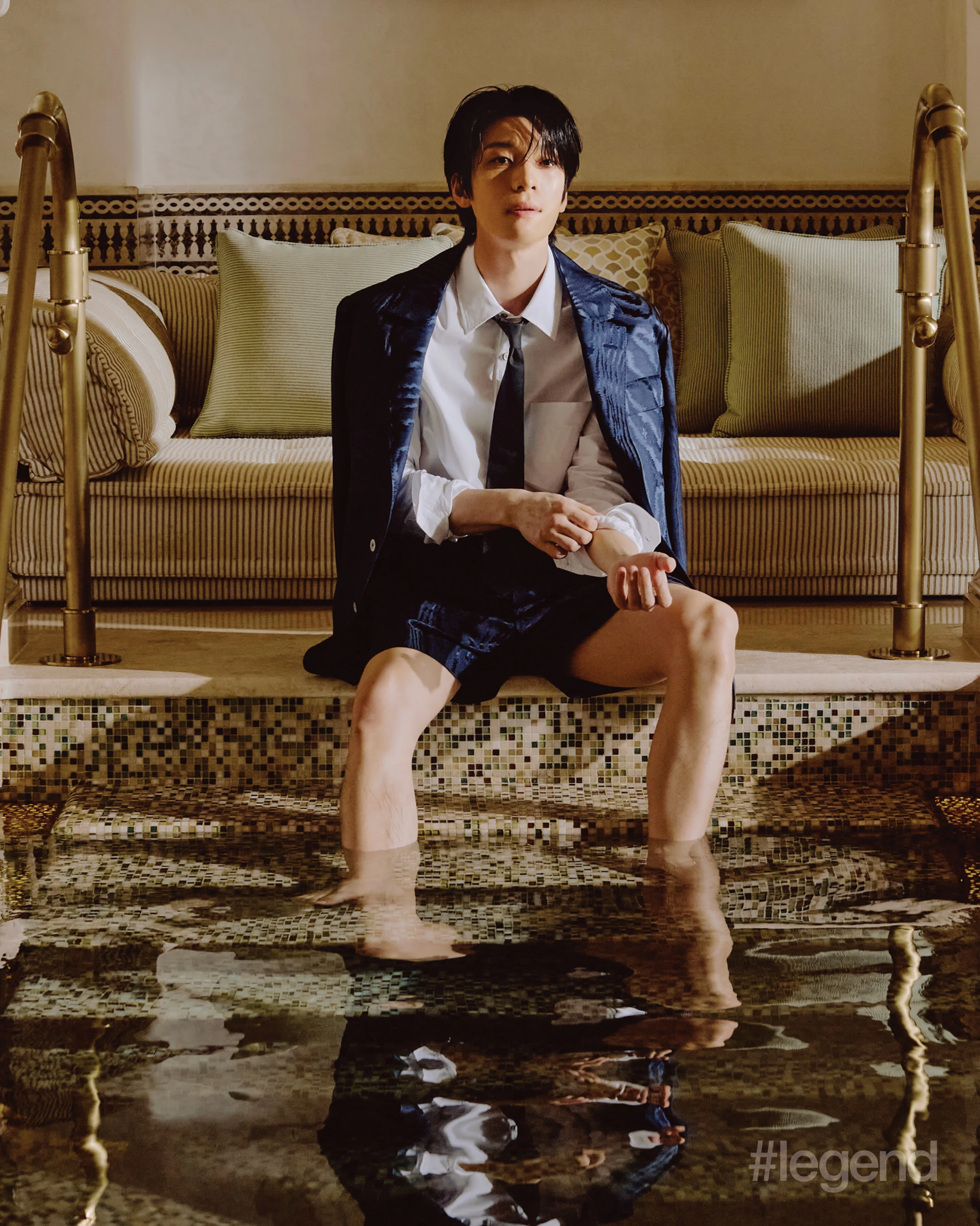 Blue printed blazer and shorts, white shirt and black tie _ Louis Vuitton; THE MANSION, MGM COTAI