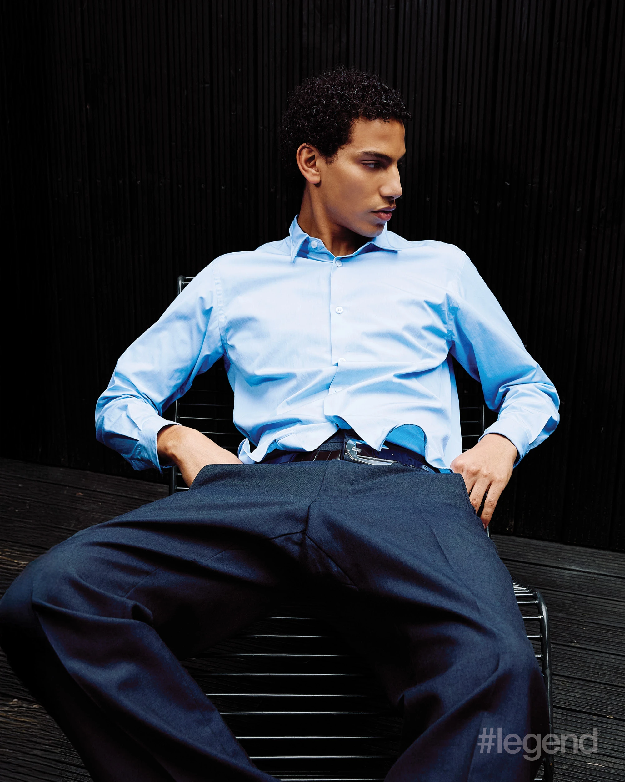 Blue shirt and navy trousers _ Prada