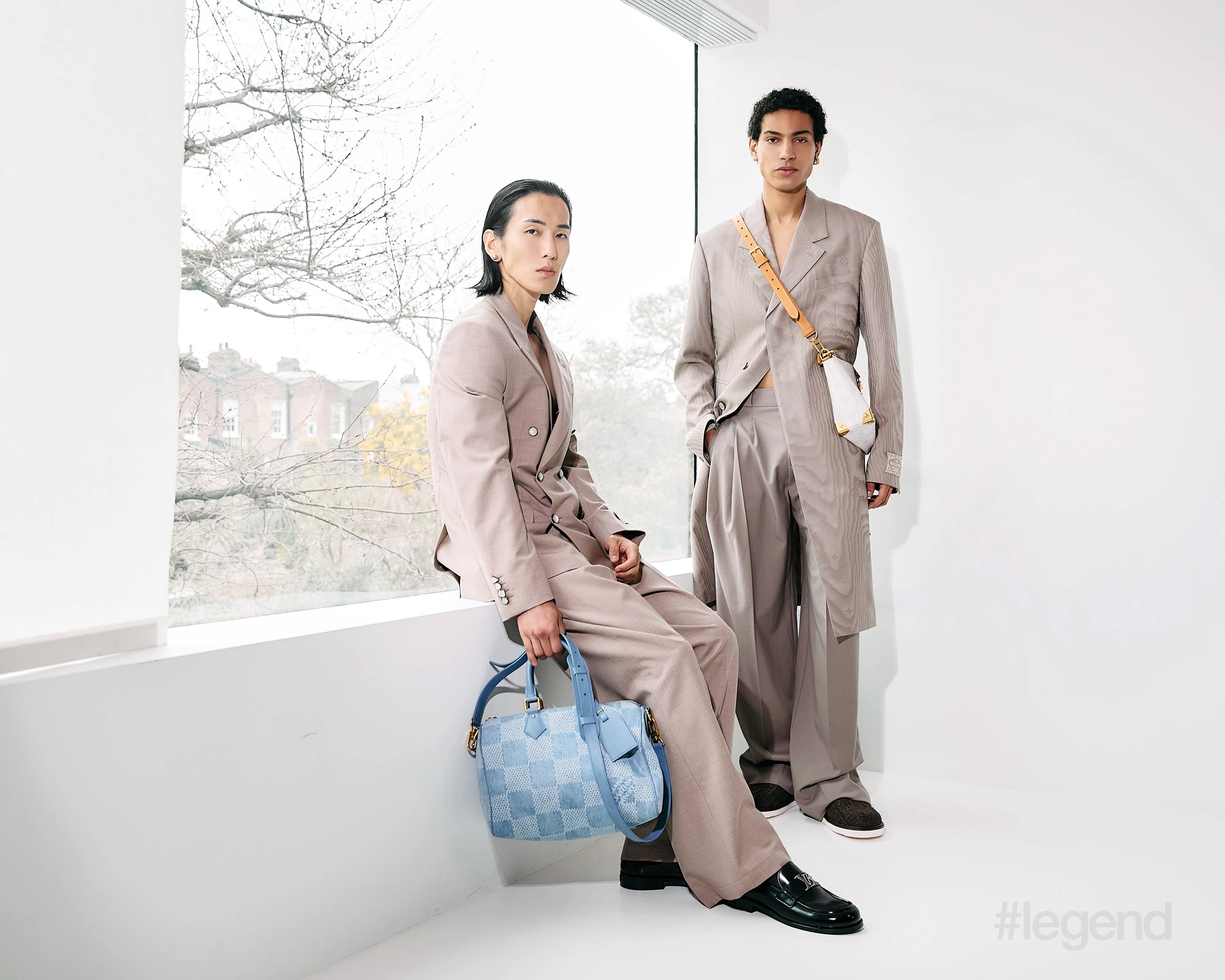 On Adam: Beige coat and trousers, Monogram shoes and white crossbody bag _ Louis Vuitton; On Hyeok: Beige blazer and trousers, black shoes and blue bag _ Louis Vuitton