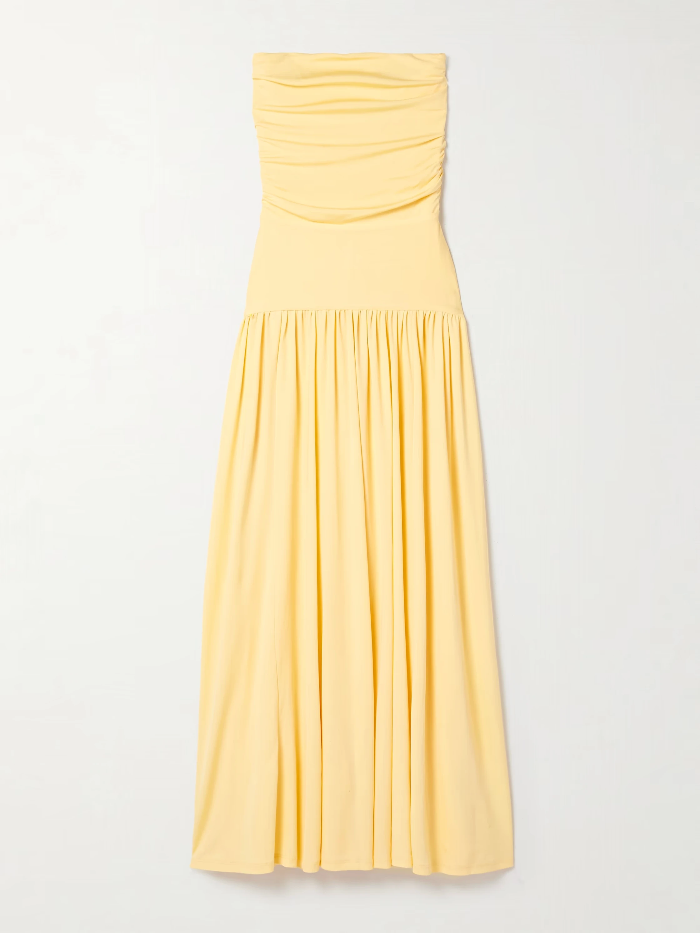 Pink leather shoulder bag _ Valentino Garavani; Yellow strapless maxi dress _ Staud from Net-A-Porter; Blue leather sandals _ Manolo Blahnik