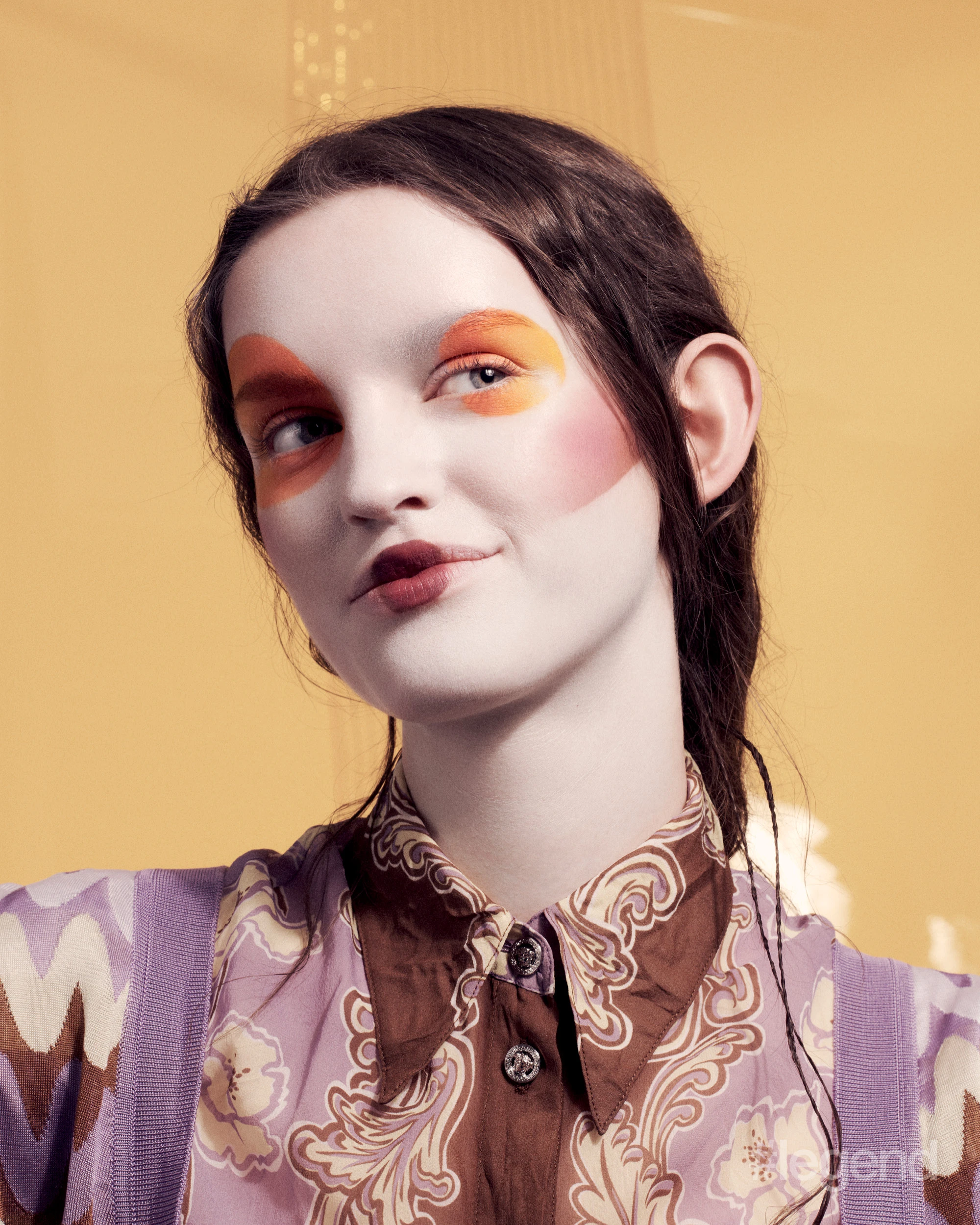 Purple printed shirt and cardigan _ Versace; Lines Liberated pencil in 12 Orange and Couture Mini Clutch eyeshadow in 810 _ YSL Beauty