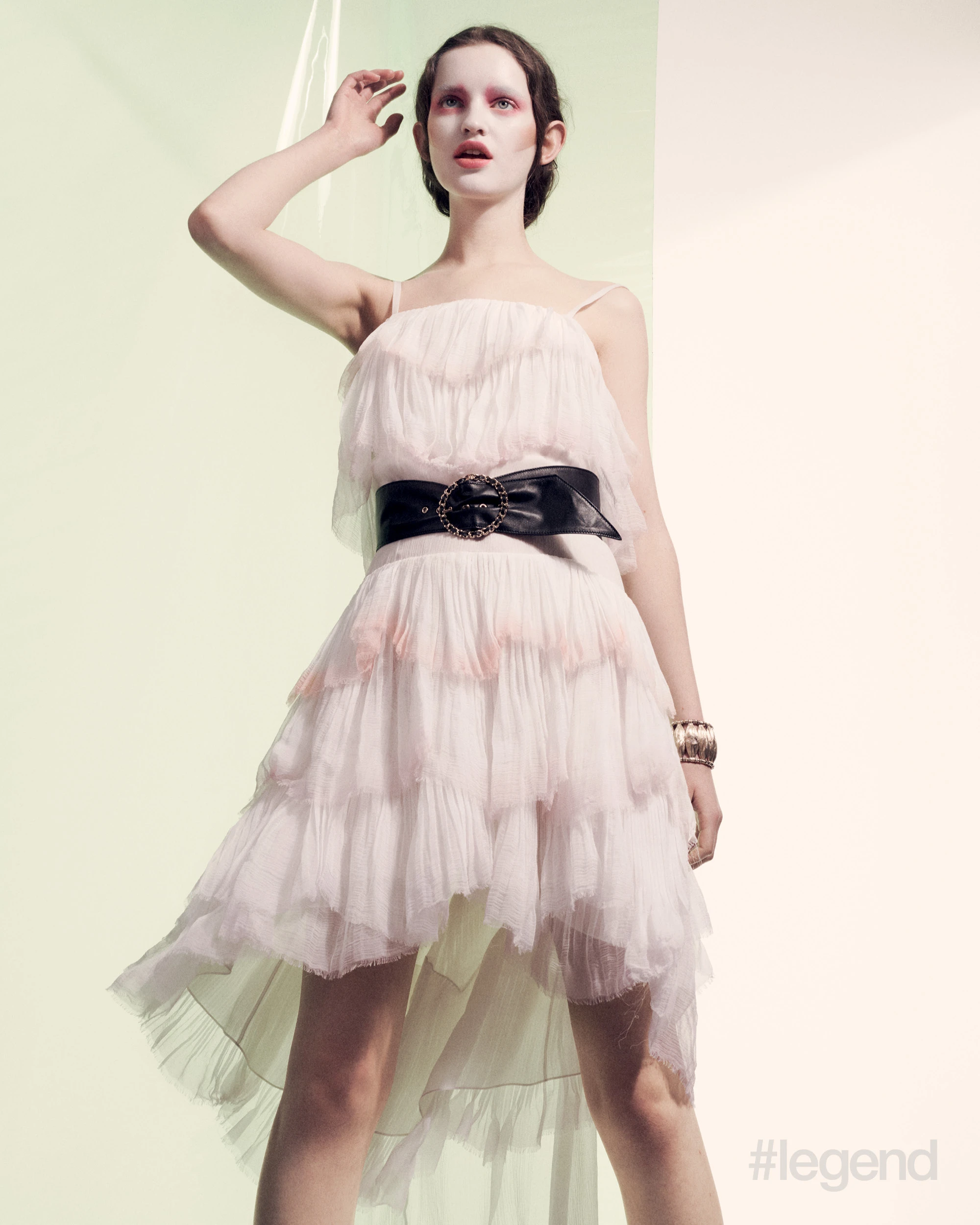 White and pink silk dress, black belt and gold cuff _ Chanel; Powder blush in 956 Foreplay _ Nars