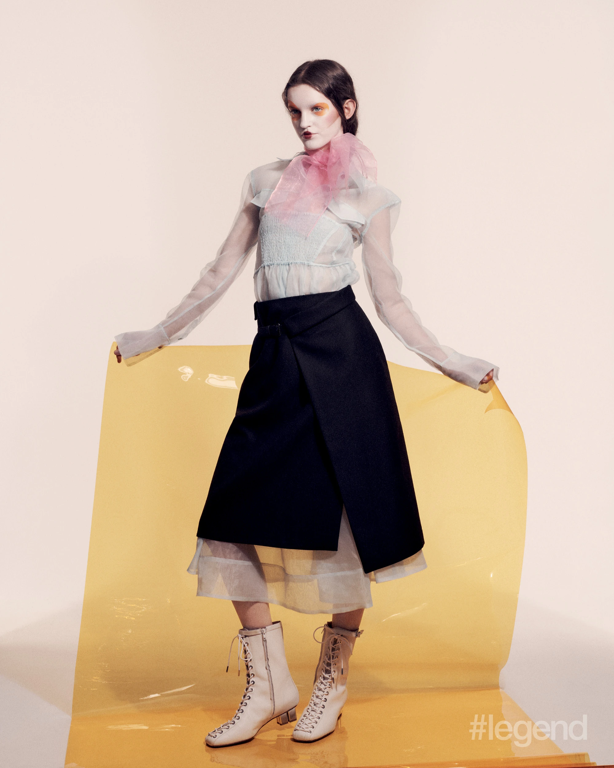Light green sheer shirt and tulle skirt, and white boots _ Ganni; Navy skirt _ Dior; Laguna Bronzing powder 05 _ Nars; Powder Blush in Fever _ Mac