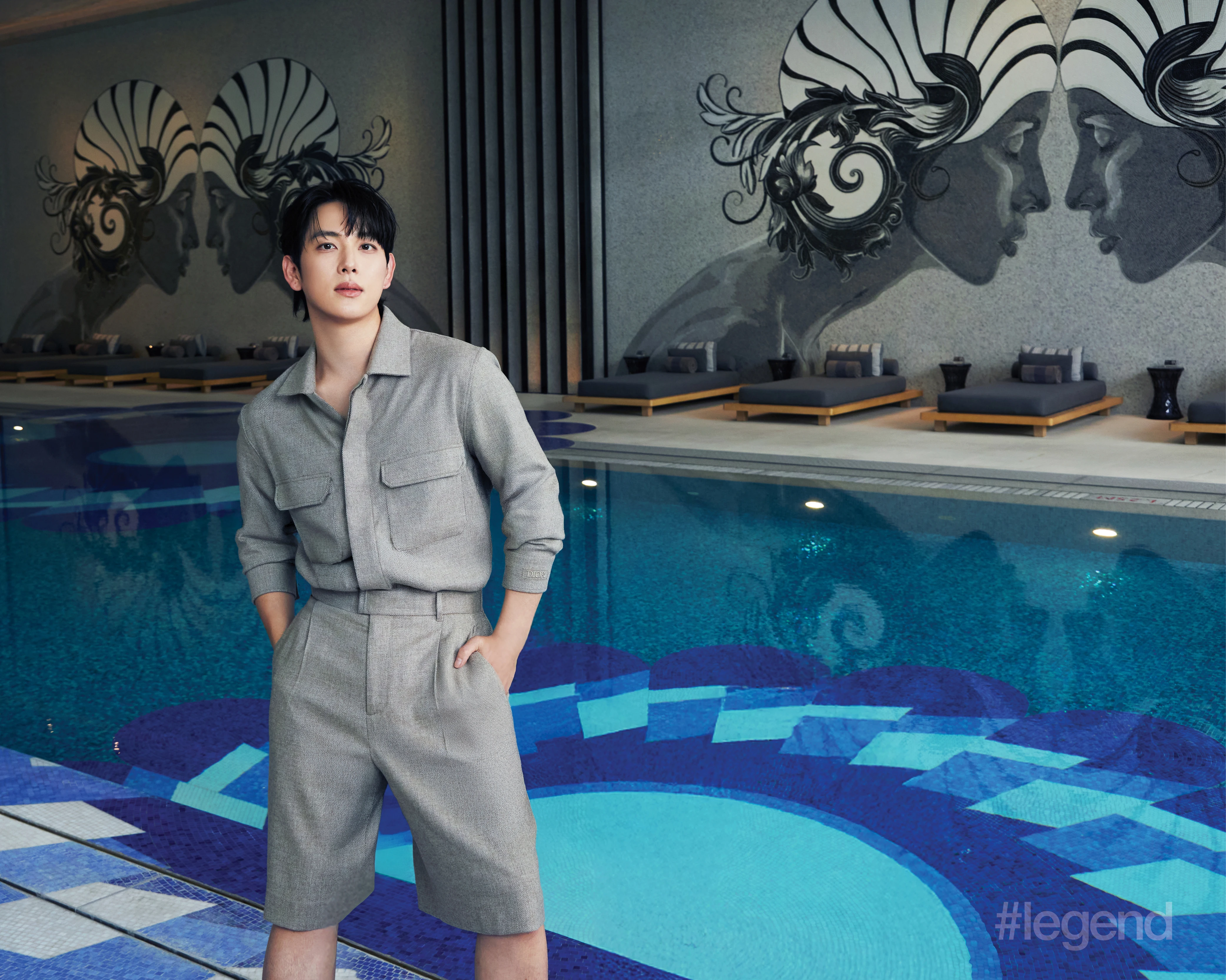 Beige jacket and shorts _ Dior; Men Indoor Swimming Pool, THE KARL LAGERFELD MACAU