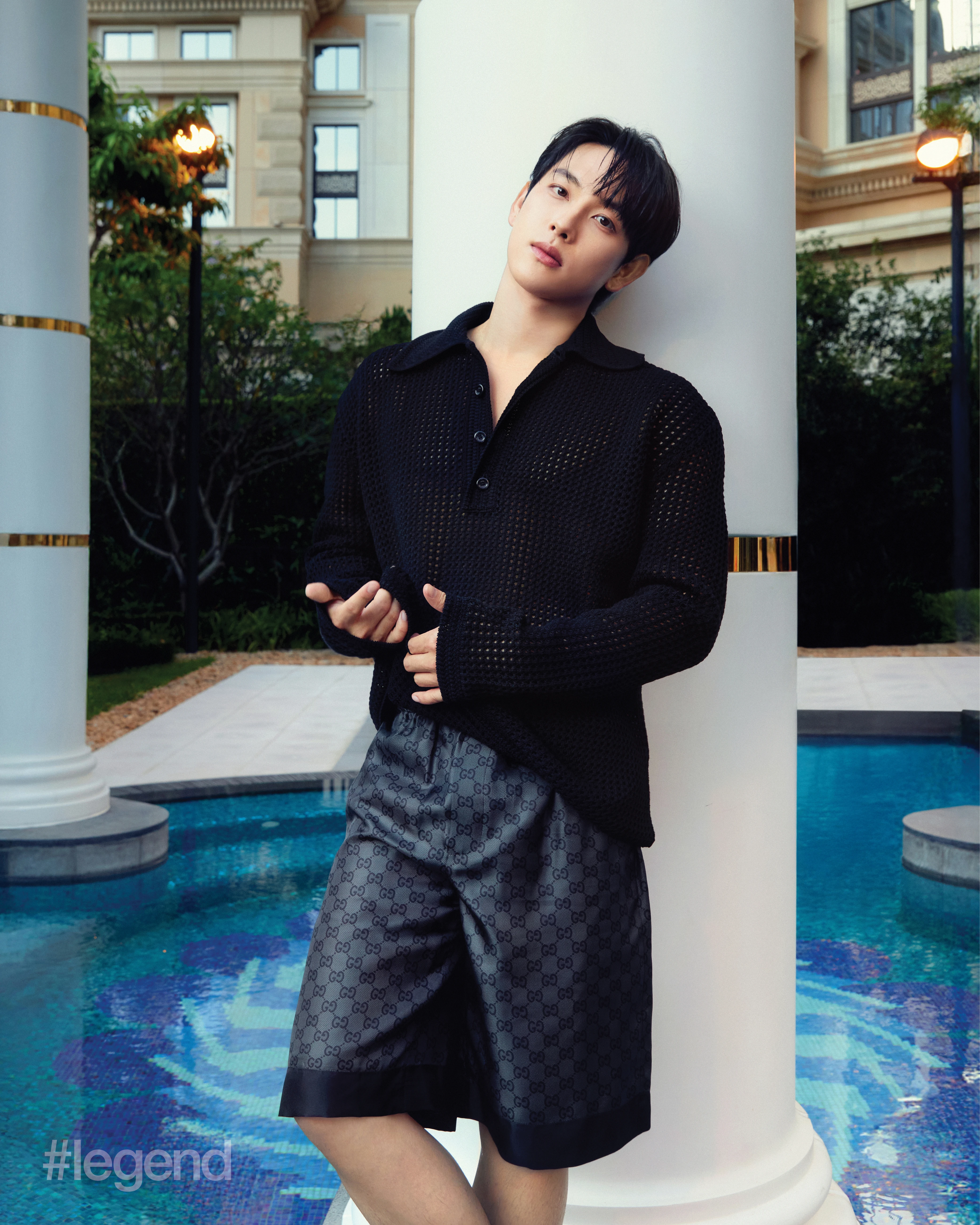 Black knit top and printed shorts _ Gucci; Outdoor Swimming Pool, THE KARL LAGERFELD MACAU