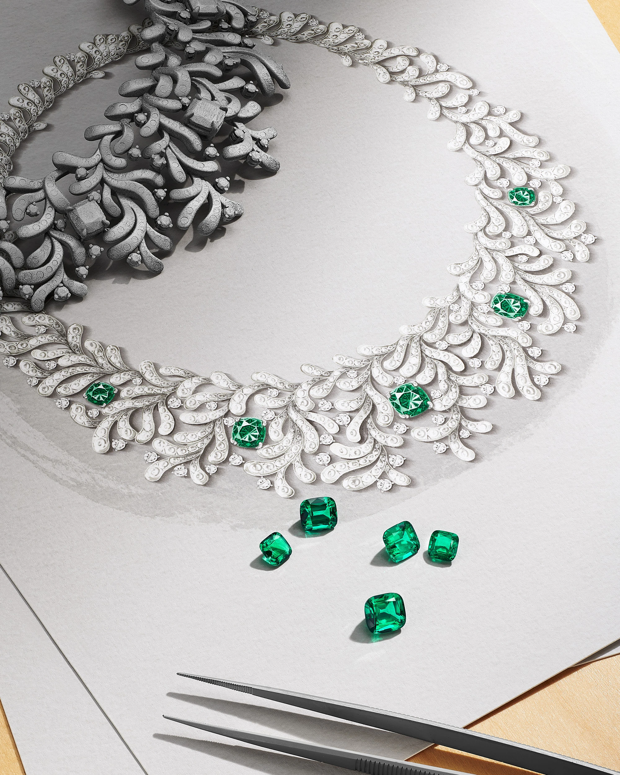 A display of Seahorse pieces inspired by Jean Schlumberger’s famed 1968 seahorse brooches, and the making of the Ocean Flora necklace with magnificent Zambian emeralds.