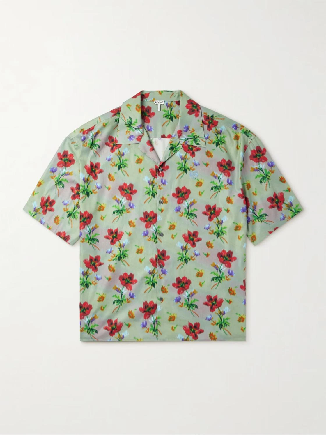 Green floral-print shirt _ Loewe; White tank top _ Agolde; Navy embroidered shirt _ Rag & Bone from Mr Porter; Black leather messenger bag _ Bottega Veneta; White jeans _ Polo Ralph Lauren; Beige suede espadrilles _ Brunello Cucinelli