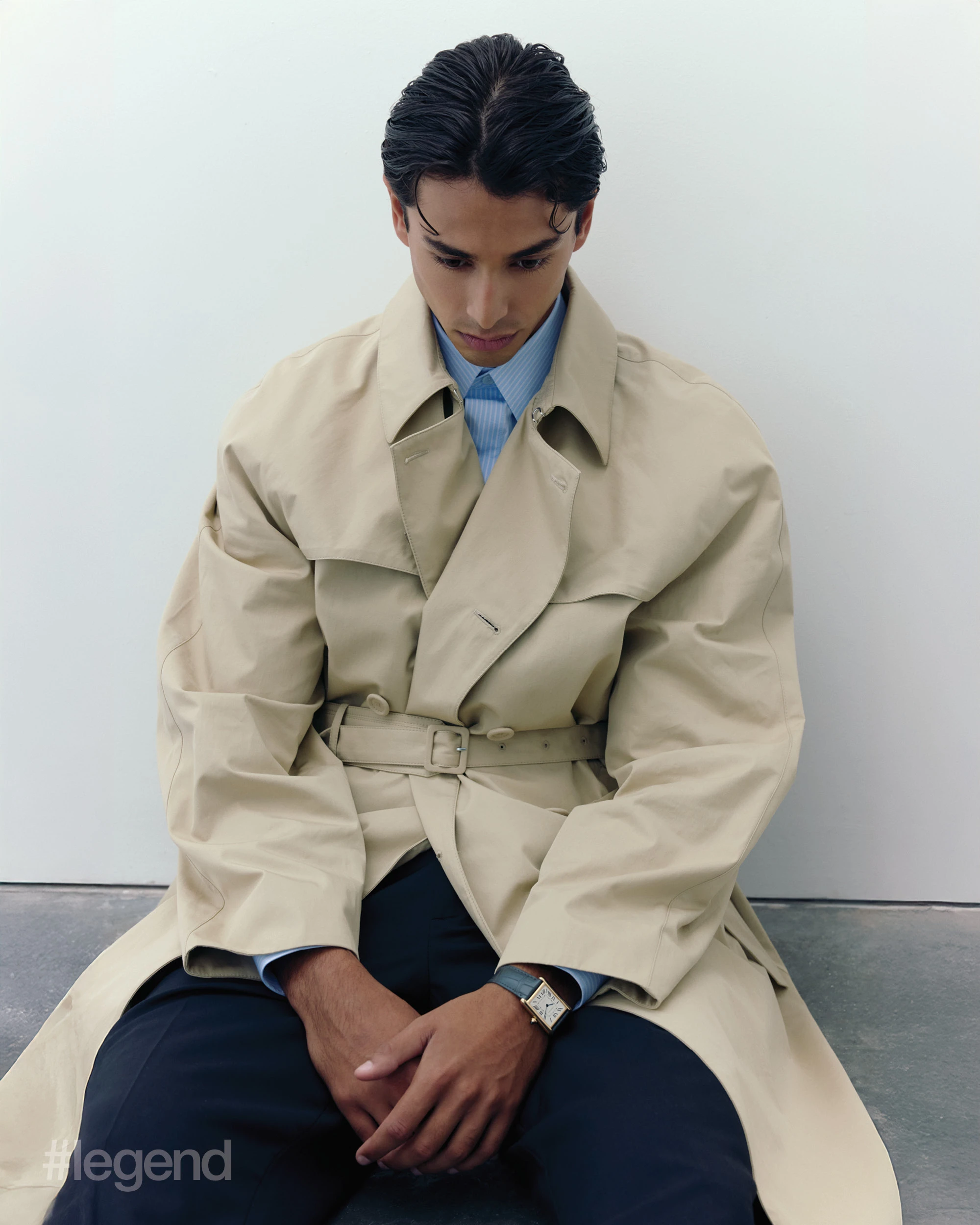 Beige coat, blue and white striped shirt, and navy trousers _ Dior; Tank Louise Cartier watch _ Cartier