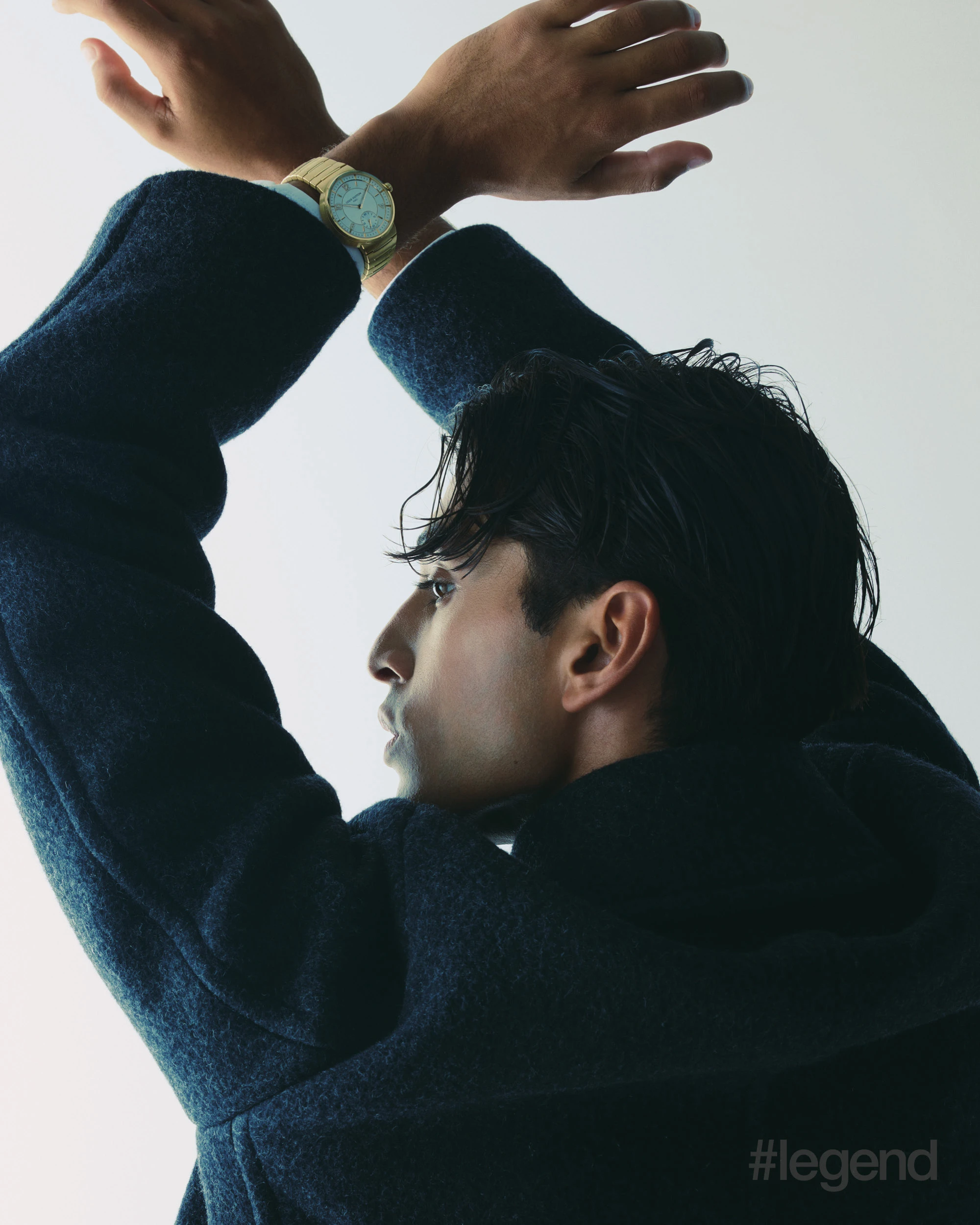 Navy coat _ Loewe; White shirt and Tambour watch _ Louis Vuitton