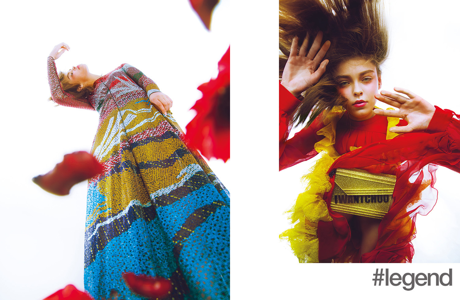 Left: Dress by Giorgio Armani; Right: Red dress by N.21, yellow dress by Blumarine and bag by Jimmy Choo