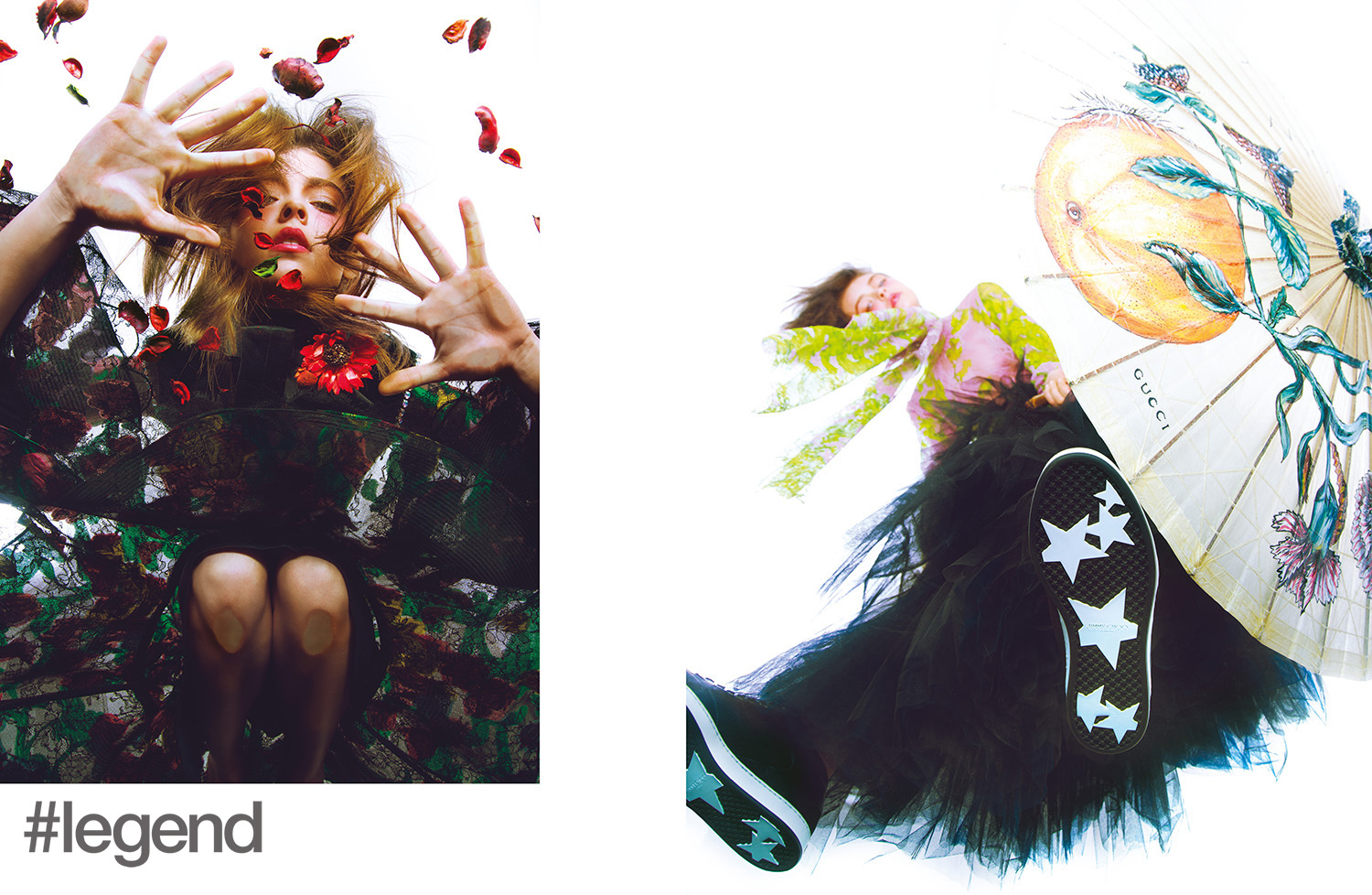 Left: Dress by Gucci; Right: Top by Blumarine, skirt by Molly Goddard at I.T, shoes by Jimmy Choo and parasol by Gucci