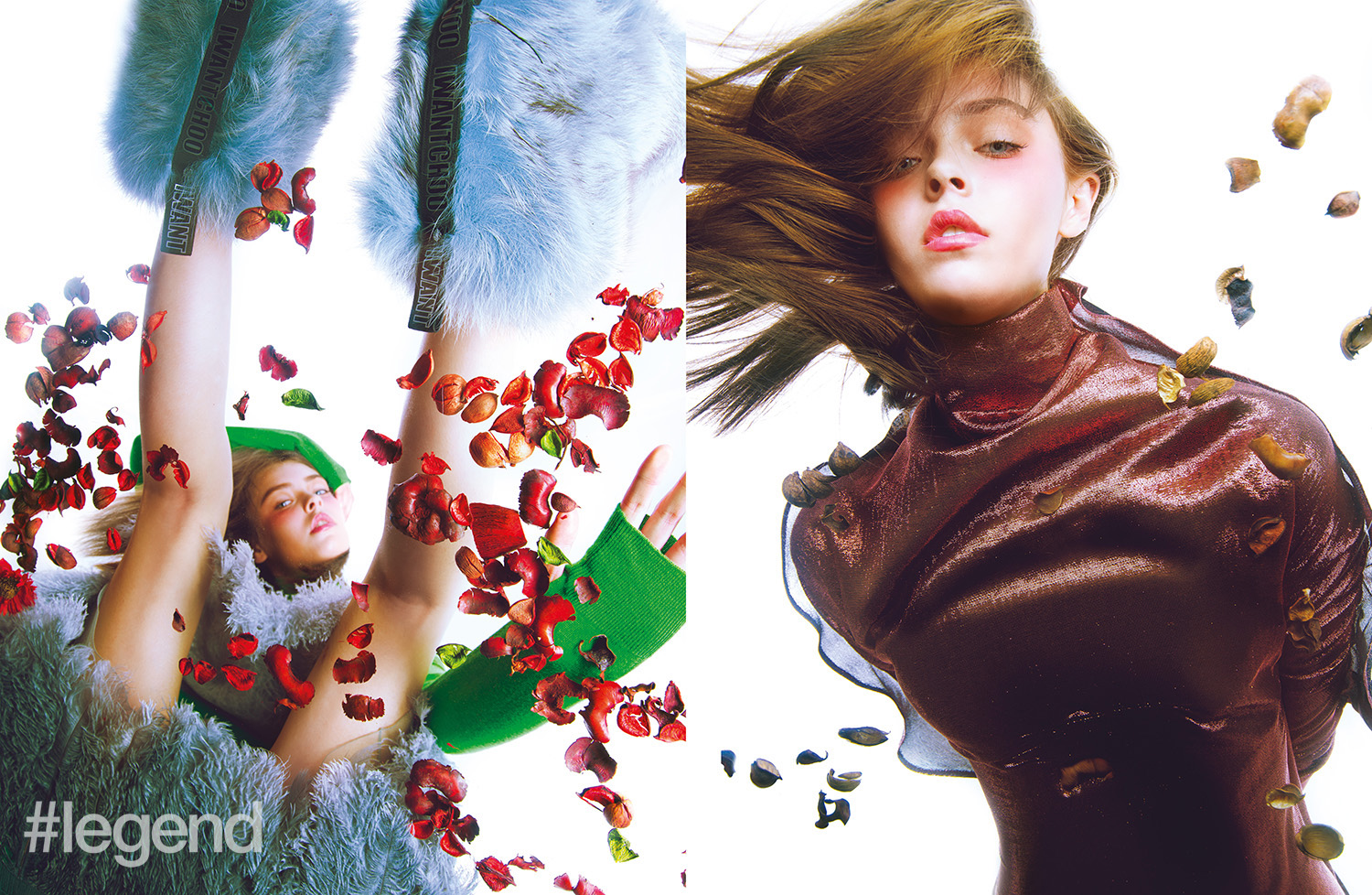 Right: Sweater by Stella McCartney, dress by Prada and shoes by Jimmy Choo; Right: Dress by Paula Knorr at Matchesfashion