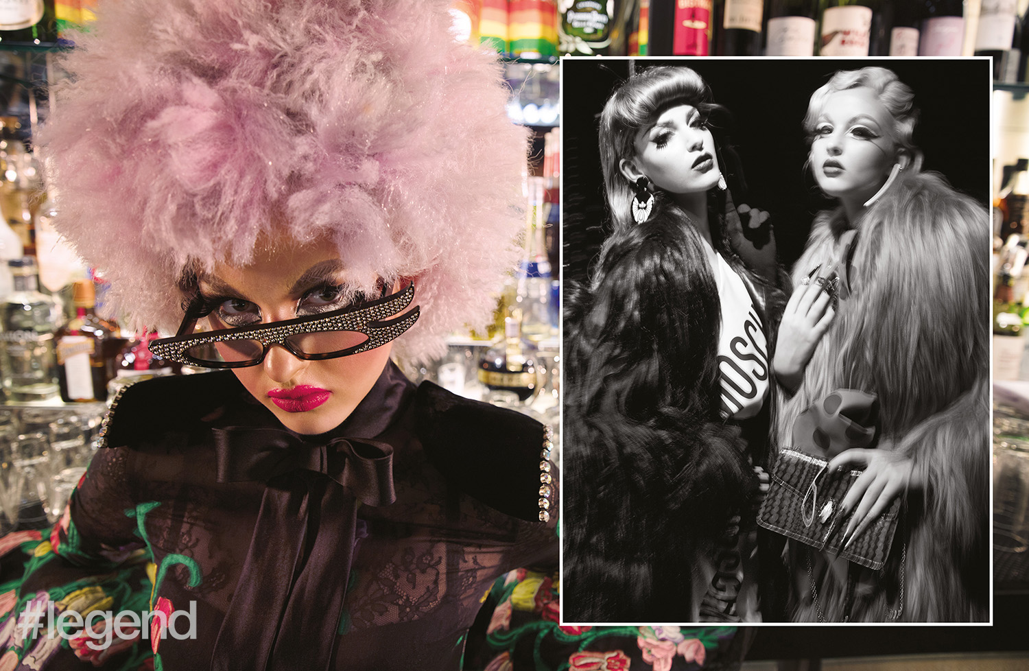 Left: Coats and earrings by Giorgio Armani and dress by Moschino; Right: Coat from Bottega Veneta, dress and belt from Loewe, earrings from Balenciaga and bag by Bulgari