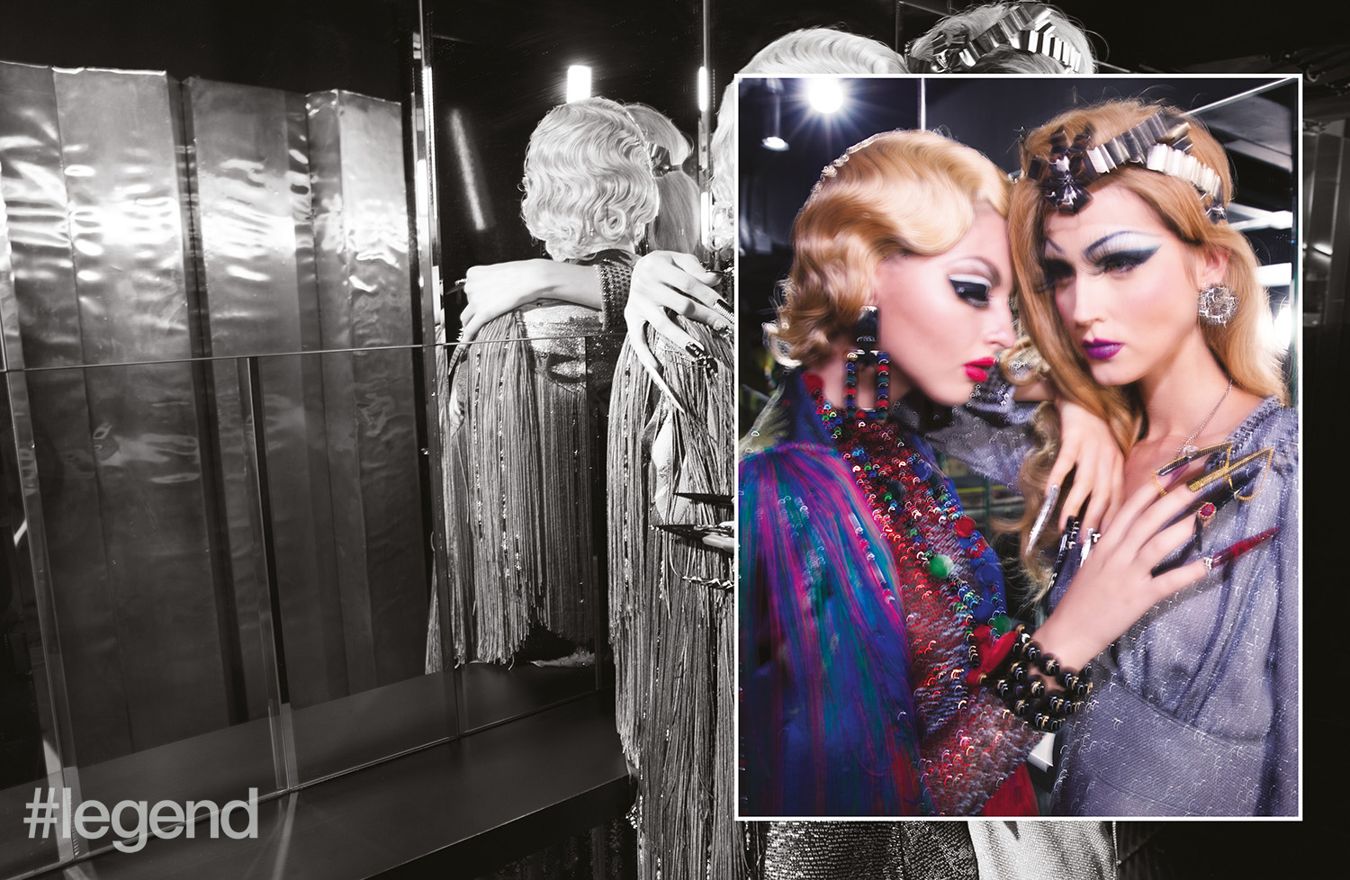 Left: Outfit by Giorgio Armani; Right: Dress by Bottega Veneta, headband by Gucci and earrings and necklace by Givenchy by Riccardo Tisci