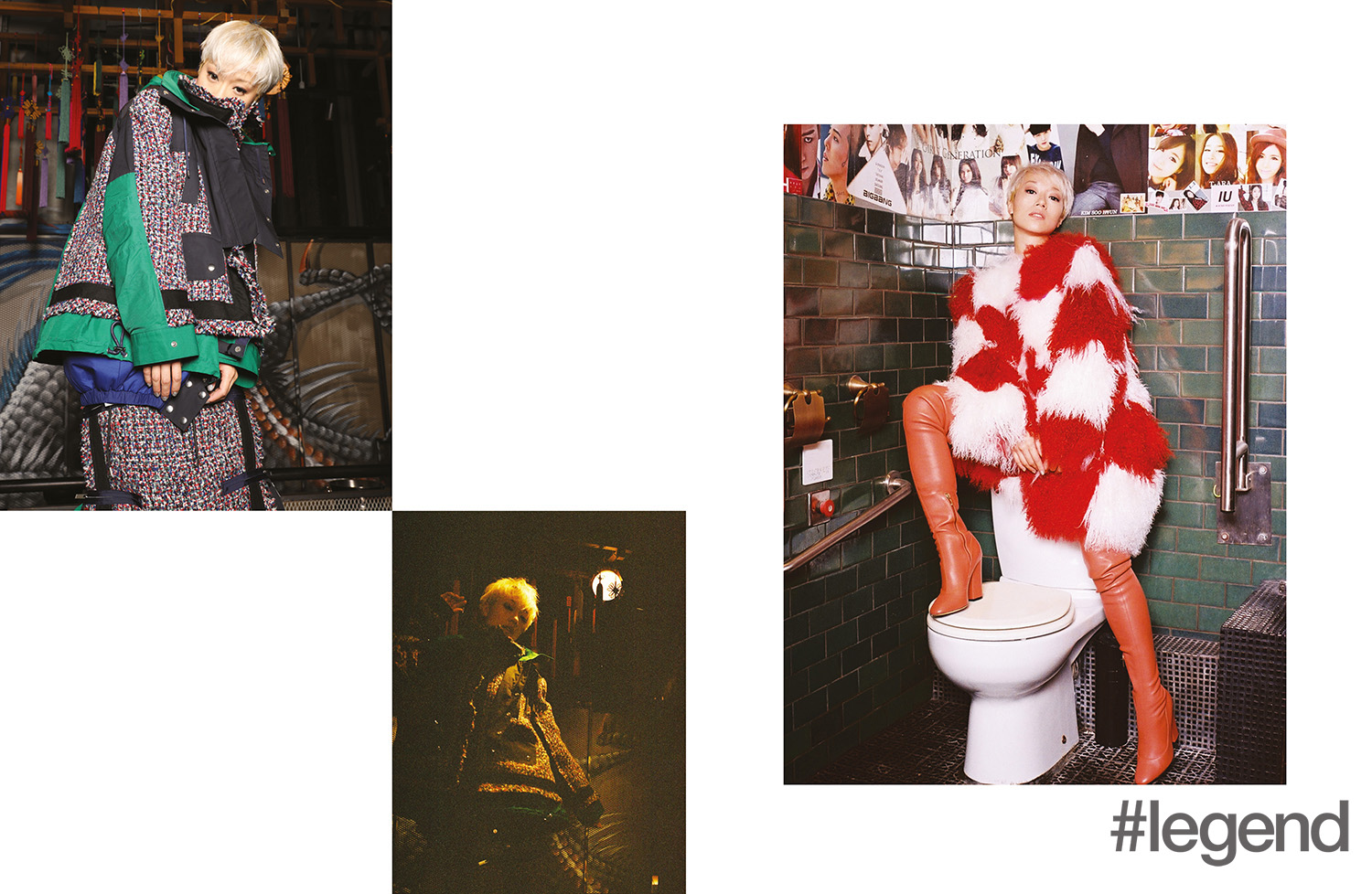 Left: Outfits by Sacai; Right: coat from House of Holland and boots by Sergio Rossi