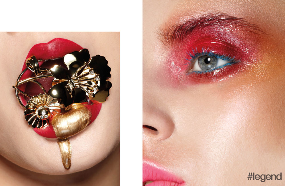 Left: Lips _ NARS Powermatte Lip Pigment in Under My Thumb, Mehron Metallic Powder in Gold and Popstar Cosmetics Diamond Gloss | Ear cuff _ JW Anderson at NET-A-PORTER; Right: Eyeshadow _ Make-Up Atelier Pearl Powder in PP21 White Orange and NYX Perfect Filter Shadow Palette in Rustic Antique | Lashes _ NARS Audacious Mascara in Minerve | Skin _ YSL Beauté Touche Éclat Cushion Foundation and Hourglass Cosmetics Ambient Metallic Strobe Lighting Palette