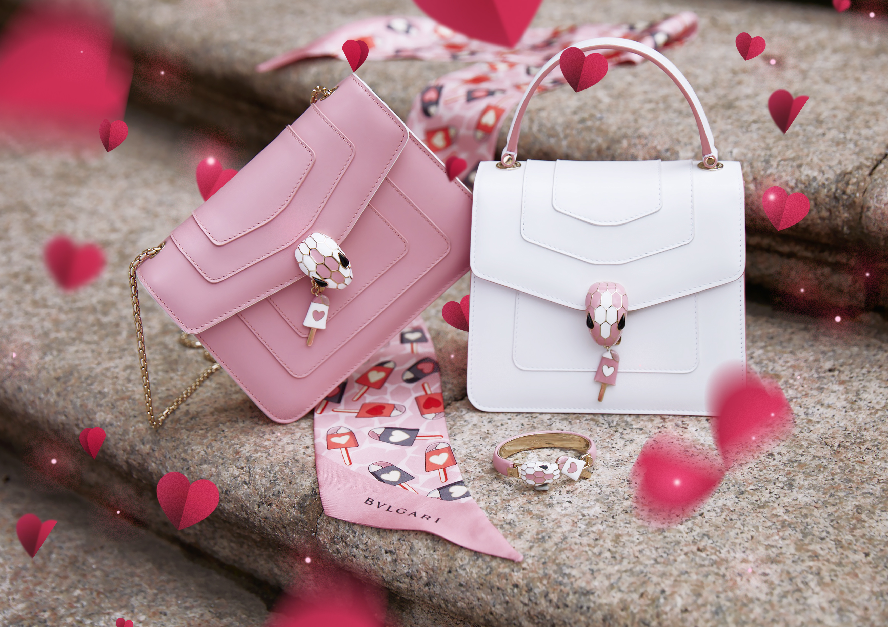 SERPENTI IN LOVE Qixi Festival limited edition flap cover bag and bracelet set (HK$23,000) and handle bag and shelley set (HK$23,000)