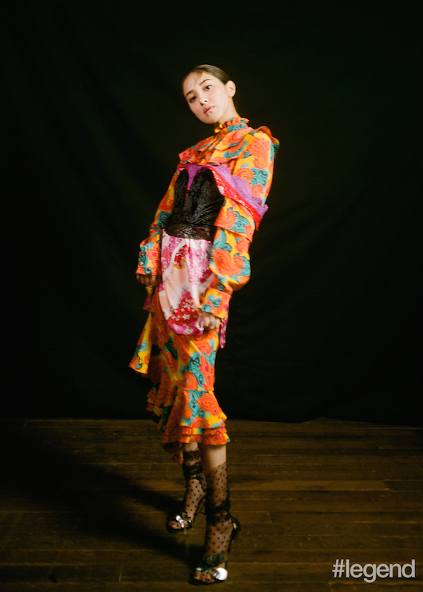Silk paisley dress by JW Anderson; printed silk slip dress by Emilio Pucci; black velvet bra by Intimissimi; black polka-dot socks by Calzedonia; black sequined sandals by Sergio Rossi