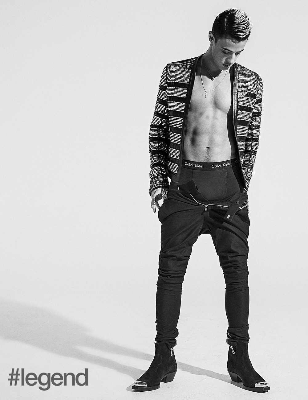 Outfit by Balmain and boxer shorts from Calvin Klein