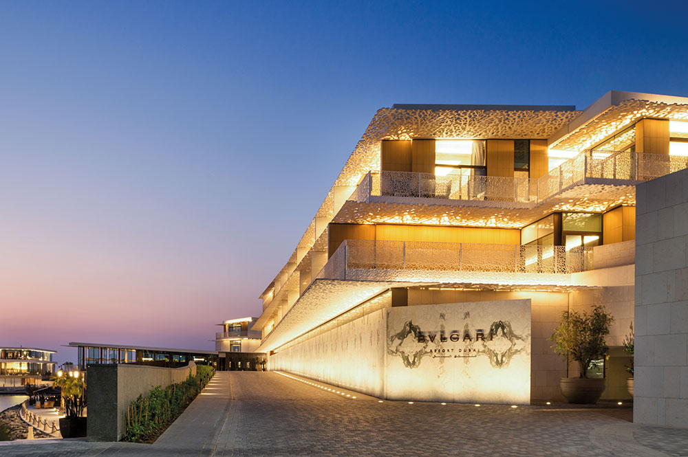The stately entrance to the Bulgari Resort Dubai