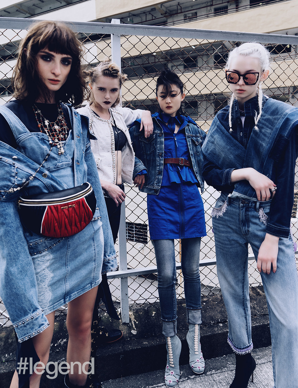 (From left) Vanda: Shirt by Lemaire, available at Net-a-Porter, dress by Guess, jacket by Versace, boots by Saint Laurent, bag by Miu Miu, necklaces by Chanel; Natalia: sports bra by Nike, available at Net-a-Porter, jacket by Chanel, jeans by Nudie Jeans, available at Kapok, boots by Christian Dior, bag by Fendi; Zuo Ye: dress and top by Givenchy, jacket by Polo Ralph Lauren, jeans by Saint Laurent, boots by Fendi, belt by Saint Laurent; Asia: beaded top and jeans by Marc Jacobs, denim shirt by Whistles, available at Rue madame, jeans (worn as wrap) by Polo Ralph Lauren, boots by Jimmy Choo, ring by Gucci and sunglasses by MCM