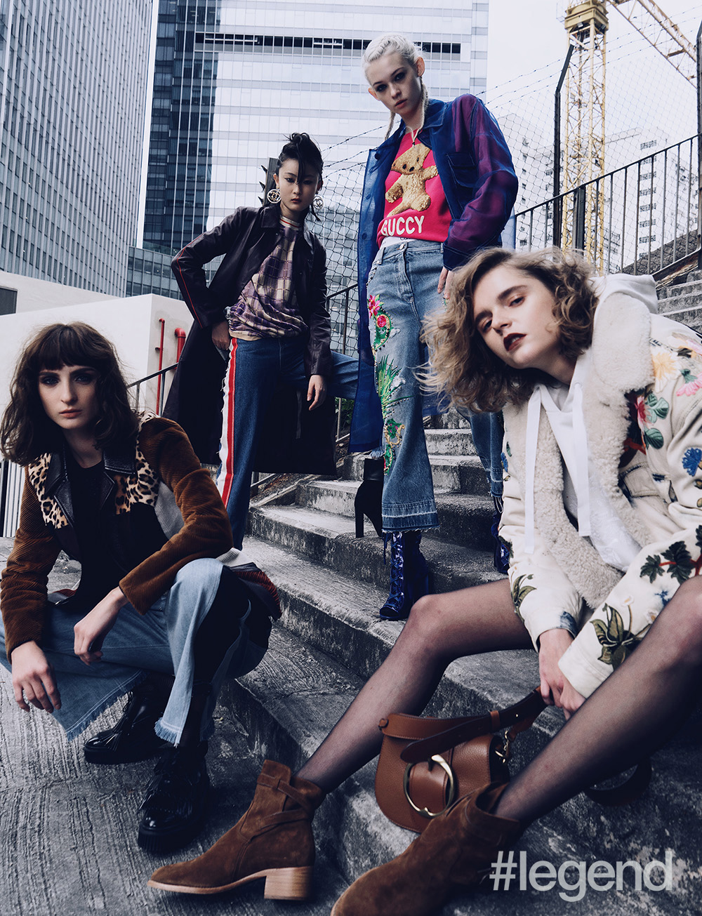 (From left) Vanda: vest by Bottega Veneta, jacket by Louis Vuitton, jeans by House of Holland, boots by Burberry; Zuo Ye: T-shirt by Marni, jacket by Bottega Veneta, jeans by Whistles, available at Rue Madame, boots by Saint Laurent, earrings by Chanel; Asia: sweatshirt by Gucci, jacket and boots by Givenchy, jeans by Versace, underwear by Calvin Klein; Natalia: sweatshirt by Fendi, jacket by Gucci, boots and bag by Polo Ralph Lauren 