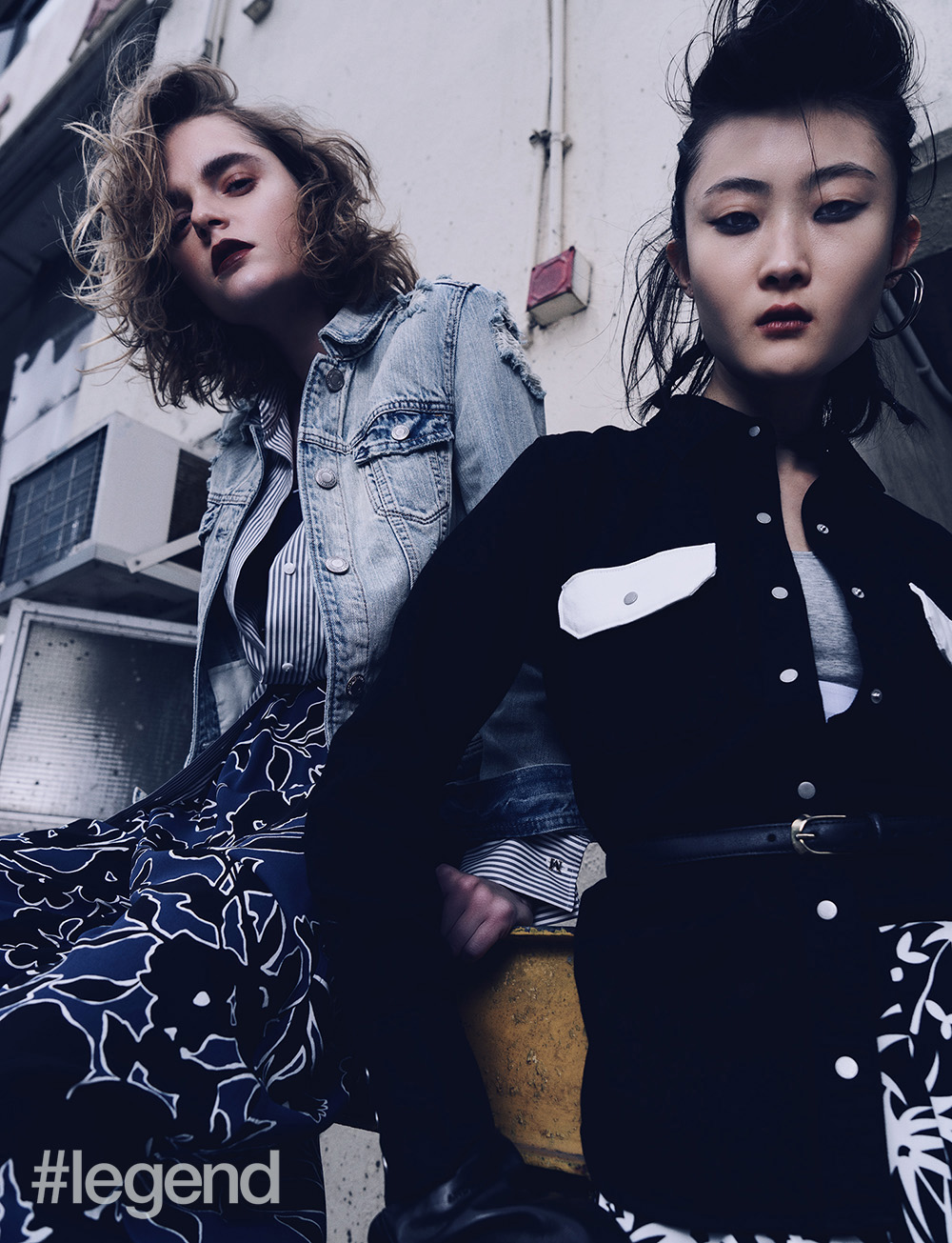(From left) Natalia: blouse by Max Mara, jacketby American Eagle Outfitters, trousers by Michael Kors; Zuo Ye: bralette and shirt by Calvin Klein, trousers by Lanvin and belt, gloves and earrings are Stylist’s own