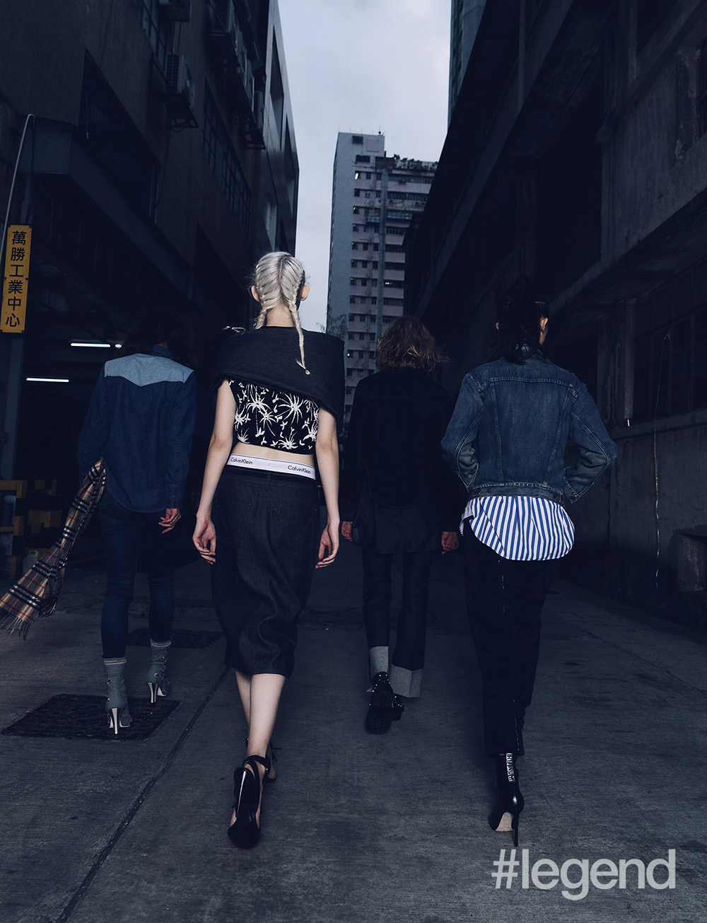 (From left) Zuo Ye: shirt and jacket by Polo Ralph Lauren, culottes by Hermès, boots by Jimmy Choo; Natalia: black denim shirt by Max Mara, fitted denim shirt by Stella McCartney, available at Net-a-Porter, jeans by Bottega Veneta, boots by Jimmy Choo; Asya: top by Lanvin, underwear by Calvin Klein, shirt and jeans (worn as wrap) by Max Mara , belt _by Christian Dior, sandals by Michael Kors, earrings are Stylist’s own; Vanda: shirt by Calvin Klein,  jeans by J Brand, available at Net-a-Porter, boots by Fendi, scarf by Burberry