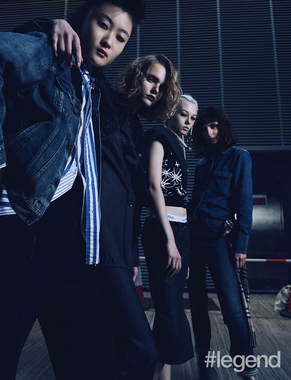 (From left) Zuo Ye: shirt and jacket by Polo Ralph Lauren, culottes by Hermès, boots by Jimmy Choo; Natalia: black denim shirt by Max Mara, fitted denim shirt by Stella McCartney, available at Net-a-Porter, jeans by Bottega Veneta, boots by Jimmy Choo; Asya: top by Lanvin, underwear by Calvin Klein, shirt and jeans (worn as wrap) by Max Mara , belt _by Christian Dior, sandals by Michael Kors, earrings are Stylist’s own; Vanda: shirt by Calvin Klein,  jeans by J Brand, available at Net-a-Porter, boots by Fendi, scarf by Burberry