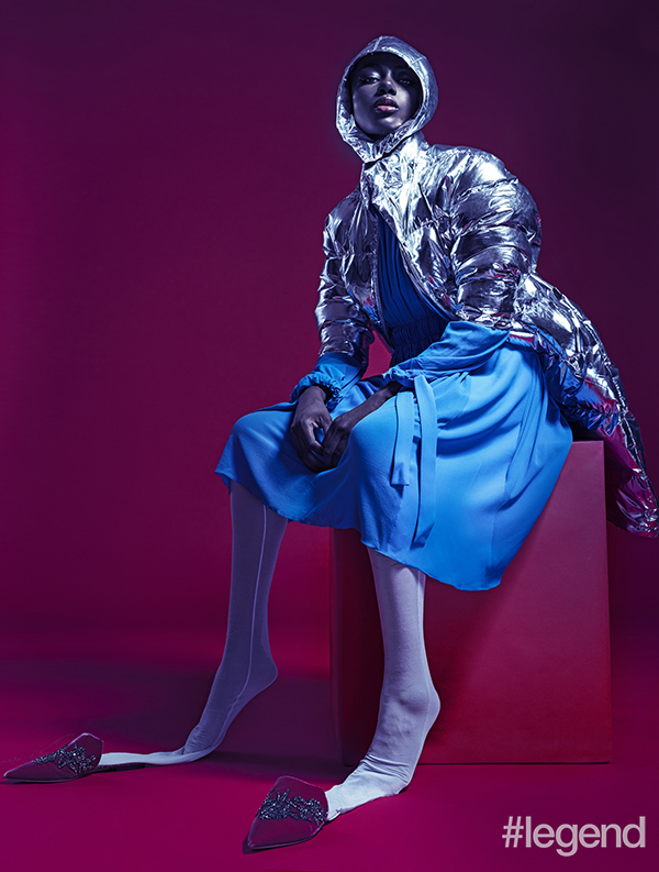 Coat and dress _ Louis Vuitton; Shoes _ Jimmy Choo; Leggings _ Stylist’s own