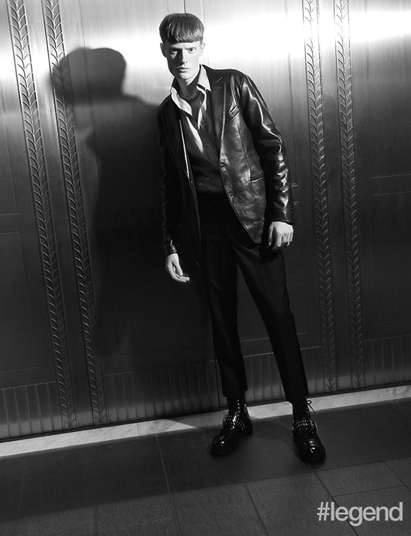 Cotton Shirt and leather jacket_Salvatore Ferragamo; Trousers_Brunello Cucinelli; Shoes and necklace_Versace