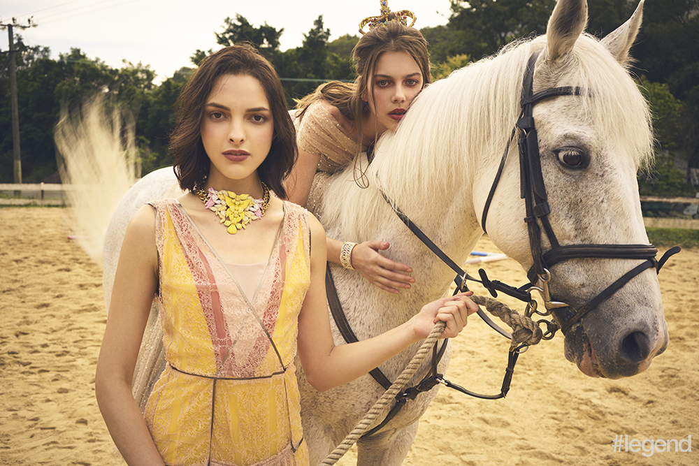 On Clarice (left): Dress_Bottega Veneta Necklace_Swarovski. On Amelia (right): Dress_Dior Cuff_Chanel (crown stylist’s own)