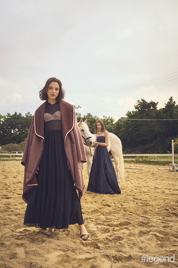 On Clarice (left): Dress_Diane von Furstenberg Bra_Eres Coat_Hermès Shoes_Boss. On Amelia (right): Gown_Ralph Lauren Necklace_Swarovski