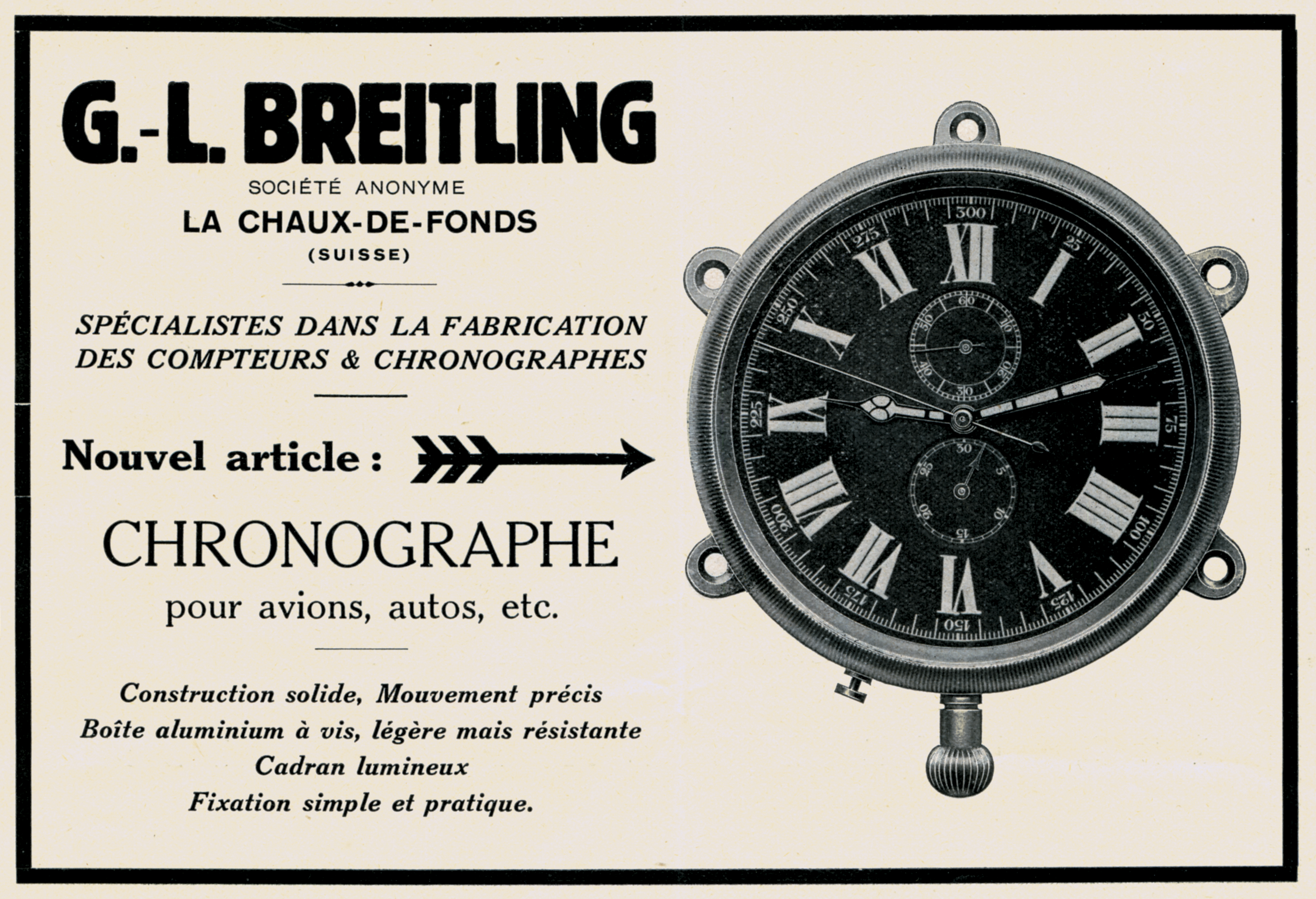 An advertisement from 1931 for an onboard chronograph made for aircraft or automobiles