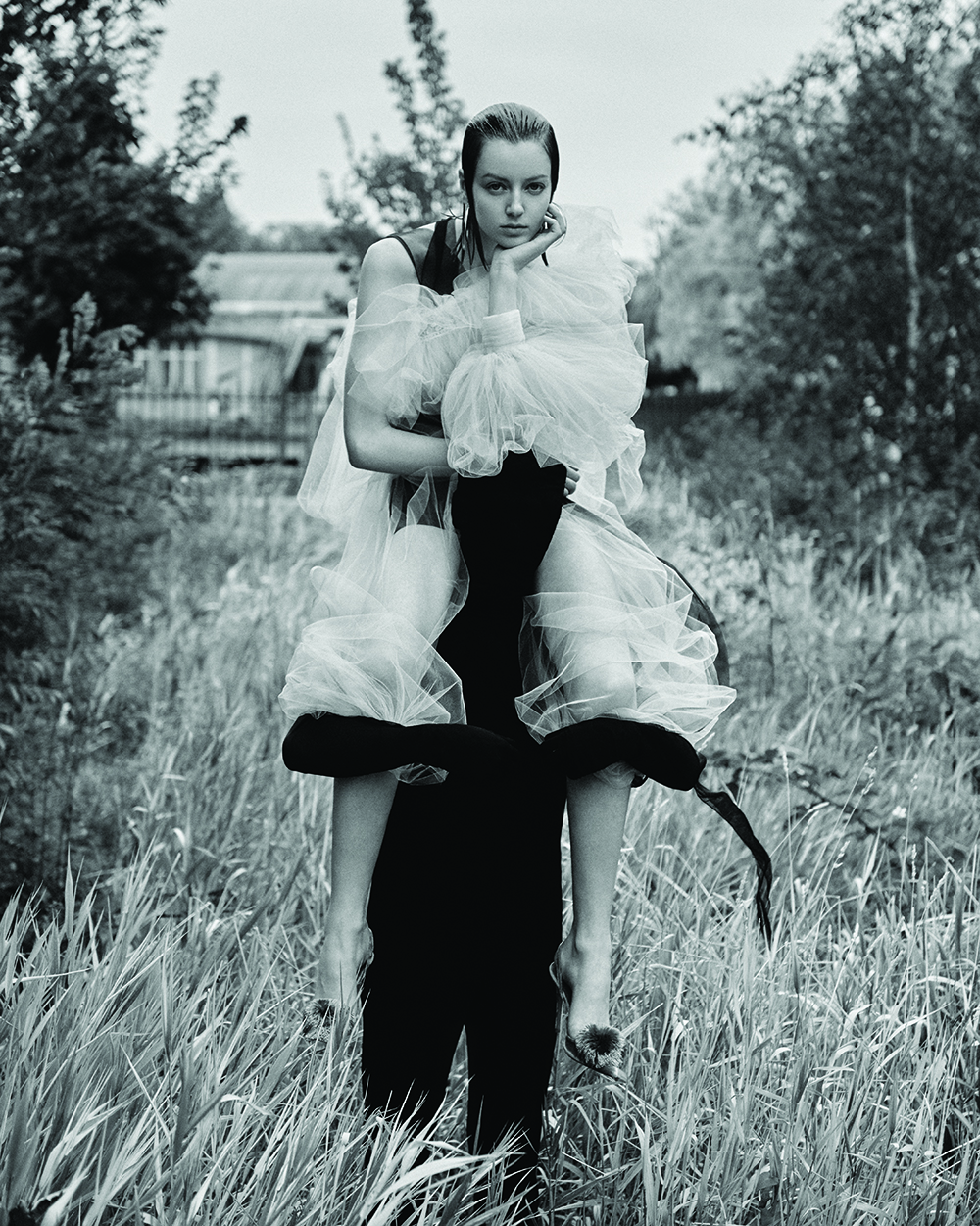 Tulle top and dress by Liu Chao; pom-pom slippers from Aquazurra