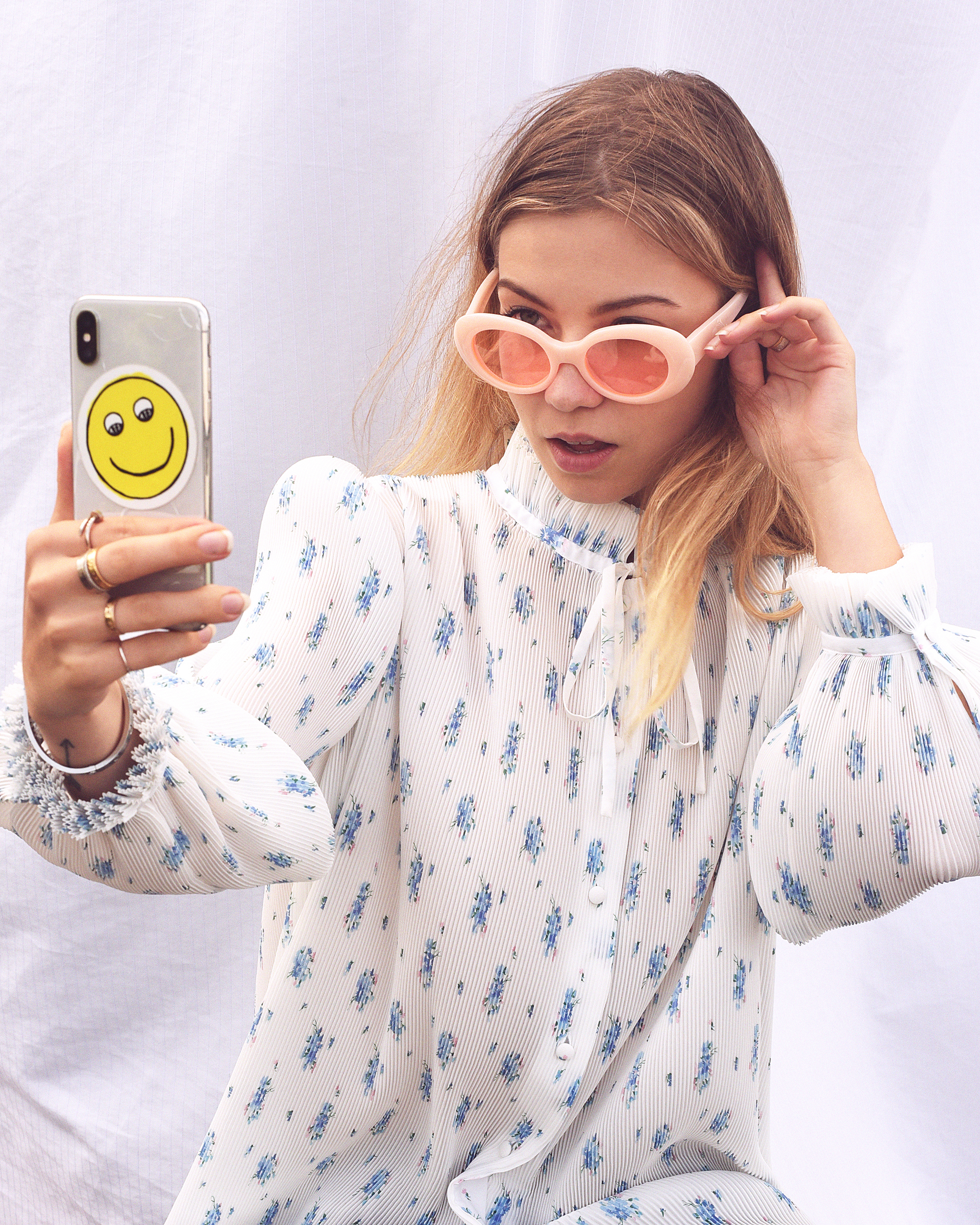 Pink Mustang sunglasses by Acne Studios via IT and floral printed Balenciaga top via Joyce HK