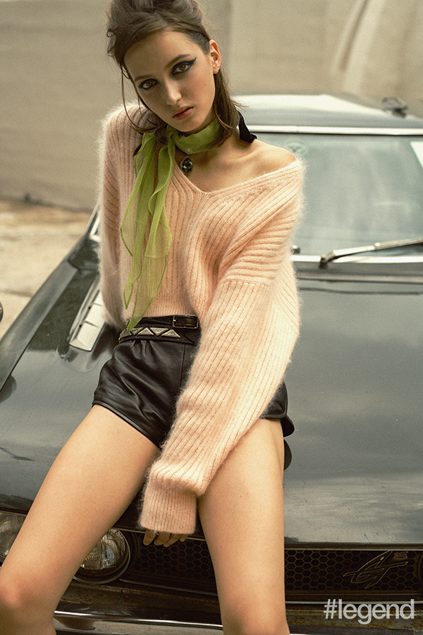 Pink mohair sweater _ 3.1 Phillip Lim Leather shorts _ Yves Saint Laurent Shell belt _ Vintage 3.1 Phillip Lim Motorcycle belt _ Isabel Marant Velvet choker _ Atelier Swarovski by Tabitha Simmons