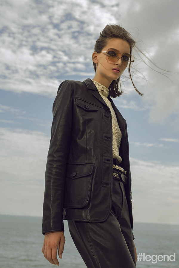 Glasses, leather shorts suit and cotton crochet blouse _ Dior Shell belt _ Vintage 3.1 Phillip Lim, available from Hula Motorcycle belt _ Isabel Marant