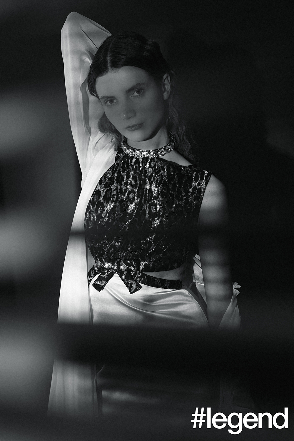 Dress with Lurex detail, dressing robe and rhinestone collar_ Miu Miu