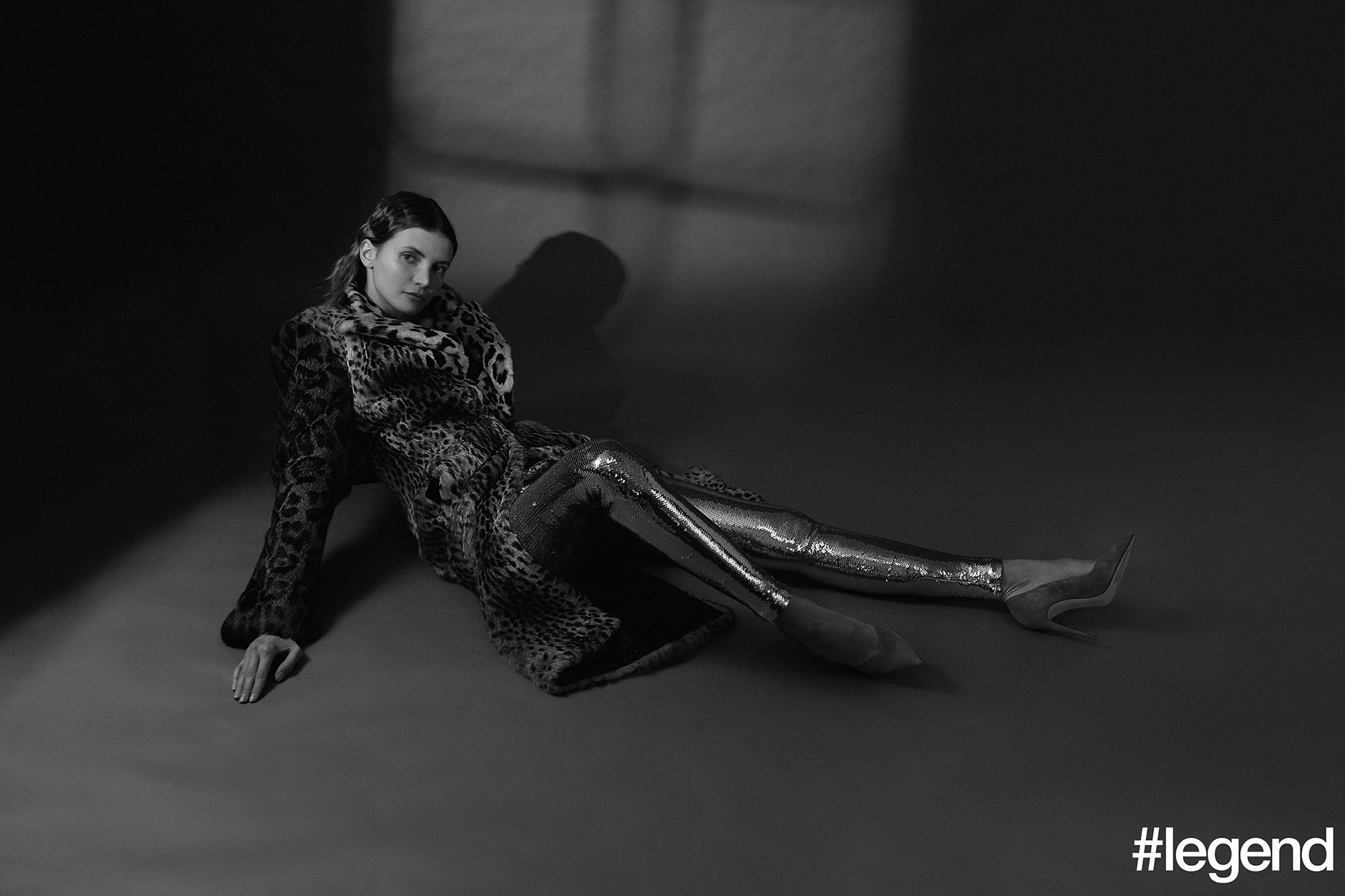 Leopard-print fur coat and rose-gold sequin leggings_Tom Ford; Suede pumps_Stuart Weitzman