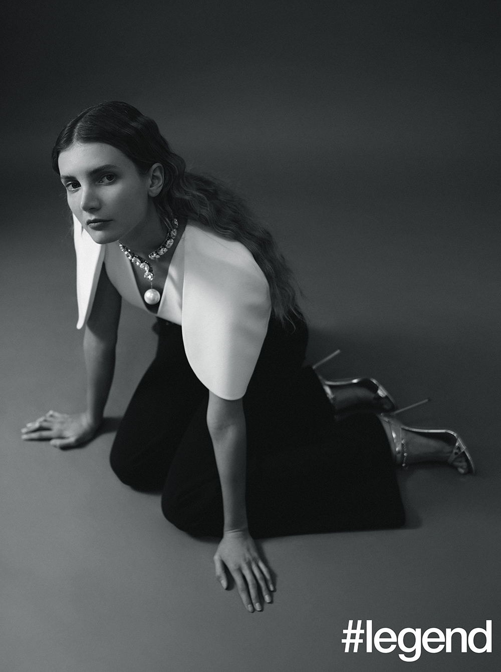 Black and white cape top jumpsuit_Safiyaa; Rhinestone collar and shoes_Miu Miu