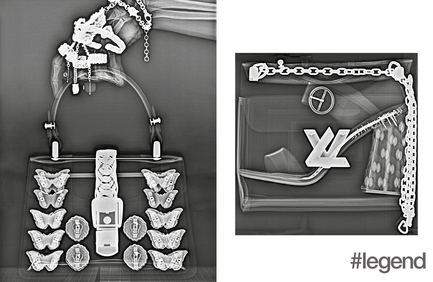 LEFT: Bag and accessories_ Gucci; RIGHT: Bag_ Louis Vuitton | Shoes_ Miu Miu 