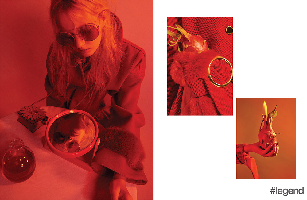 LEFT: outfit, bag and sunglasses by Fendi; RIGHT: outfit by Emporio Armani