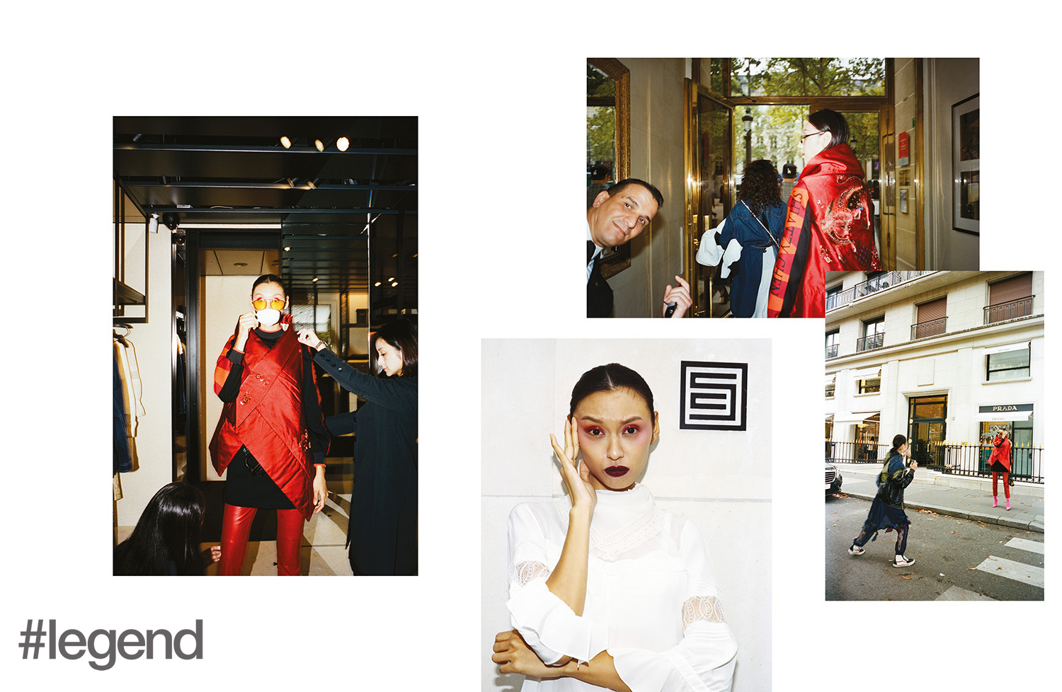 LEFT: Eyewear_ Reframe | Sweatshirt, leather trousers and blanket jacket_ Shiatzy Chen; RIGHT: White dress_ Shiatzy Chen