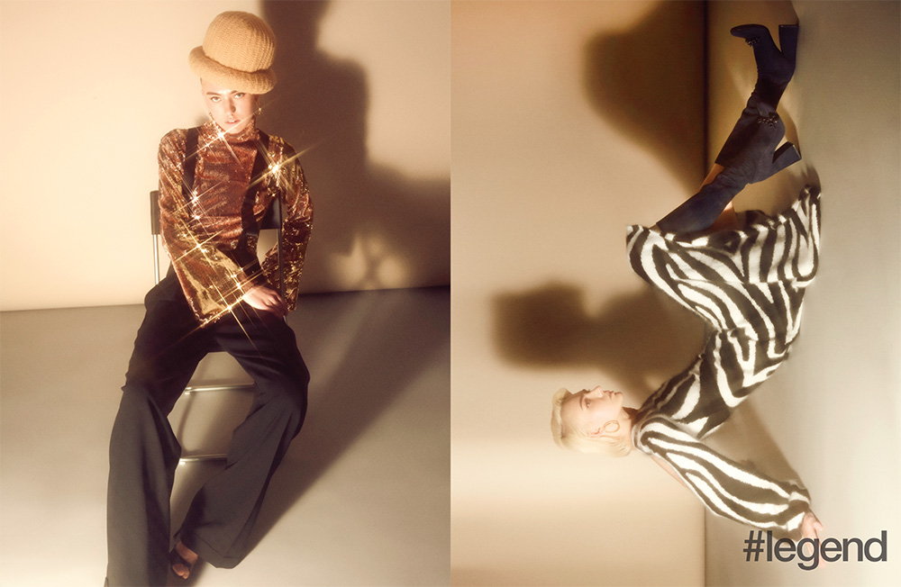 Left: Hat by Marc Jacobs, Top by Halpern at Matchesfashion.com, pants by Ralph Lauren Purple Label, earrings by Céline, shoes by Ralph Lauren; Right: Dress by Pucci, earrings by Céline and boots by Tory Burch