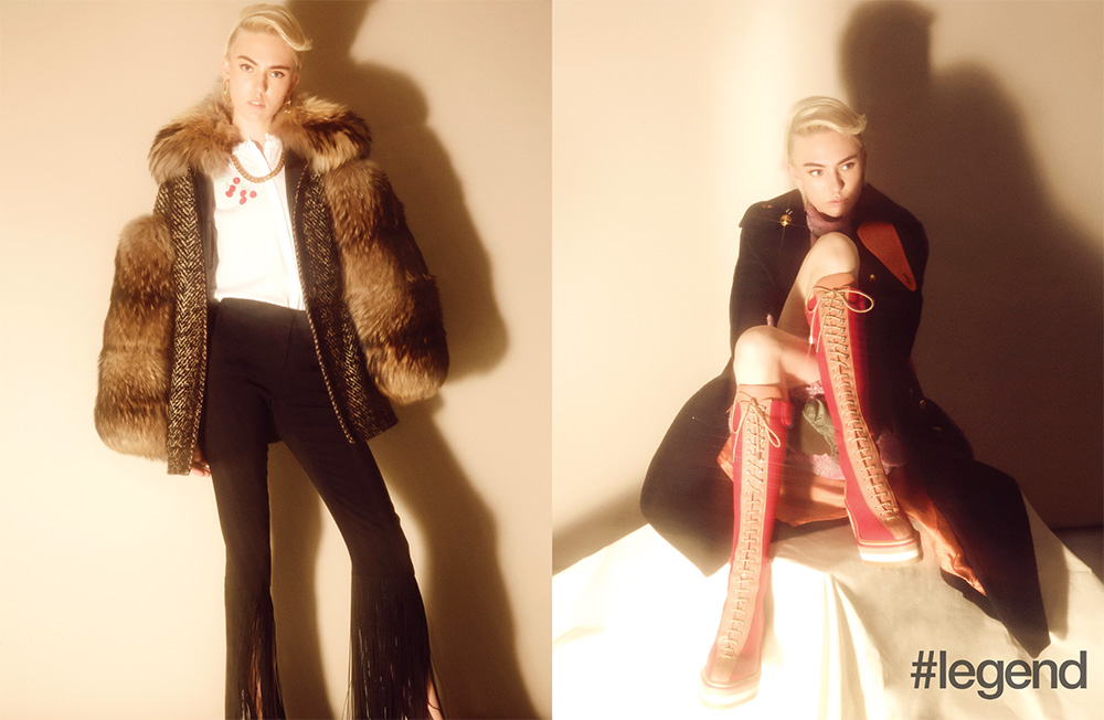 Left: Jacket by Marc Jacobs, shirt by Bliss and Mischief, pants by Pucci and earrings by Céline; Right: Coat by Sacai, dress by 3.1 Phillip Lim and boots by Hermés