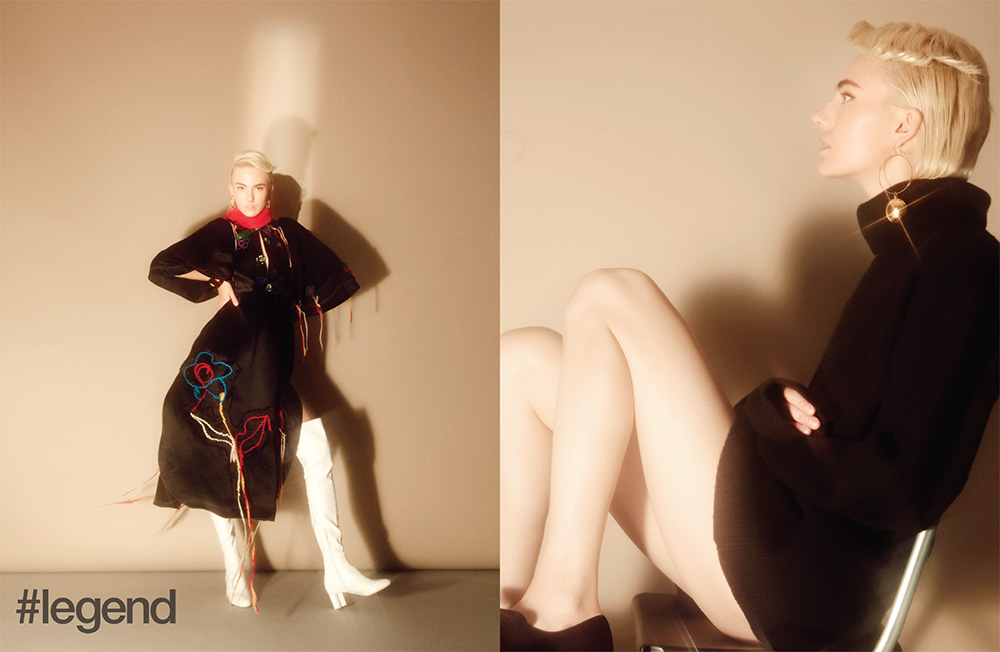 Left: Dress and scarf by Sonia Rykiel, boots by Louis Vuitton, earrings by Céline; Right: Sweater by Maison Margiela, earrings by Mounser, shoes by Tory Burch